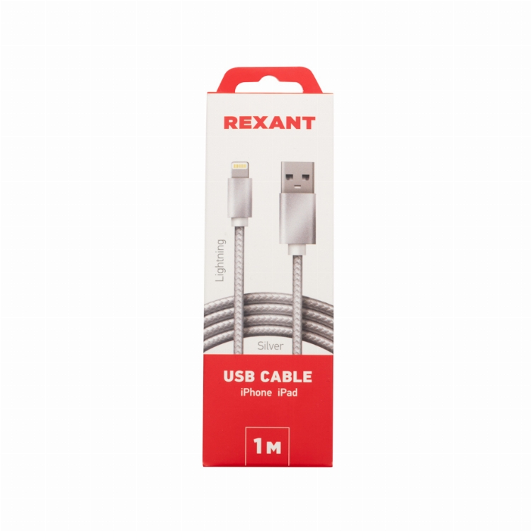 Кабель REXANT USB-Lightning 1 м, серебристая нейлоновая оплетка