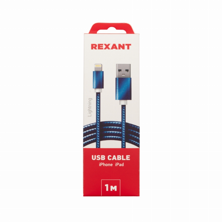 Кабель REXANT USB-Lightning 1 м, синяя нейлоновая оплетка