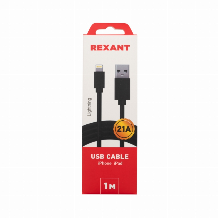 Кабель REXANT USB-Lightning 2 А, 1 м, черный ПВХ