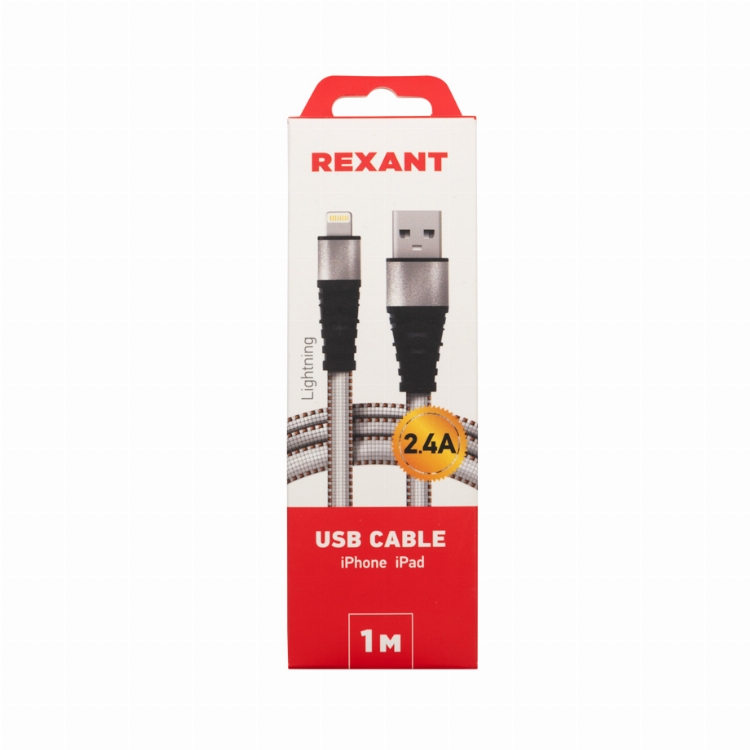 Кабель REXANT USB-Lightning 2.4 A, 1 м, белая нейлоновая оплетка