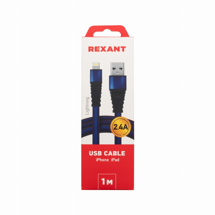 Кабель REXANT USB-Lightning 2.4 A, 1 м, синяя нейлоновая оплетка