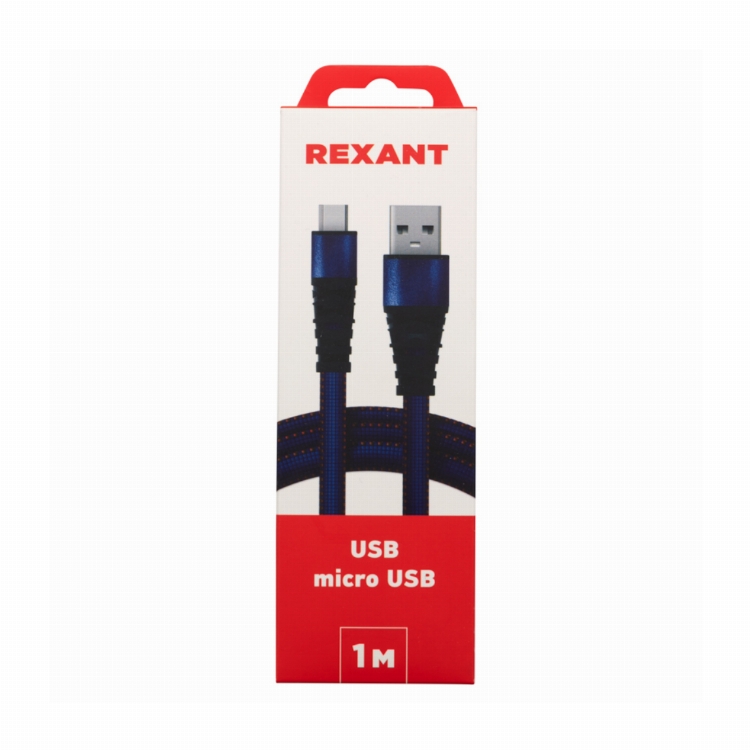 Кабель REXANT USB-microUSB 1 м, плоский провод, синяя джинсовая оплетка