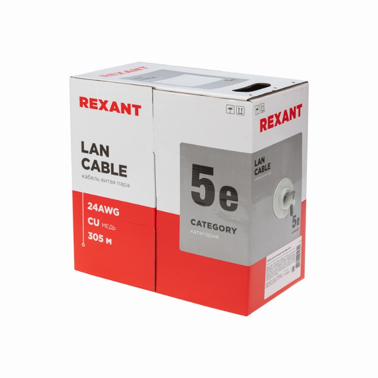 Кабель витая пара U/UTP, CAT 5e, ZH нг(А)-HF, 4PR, 24AWG, INDOOR, SOLID, серый, 305 м, REXANT