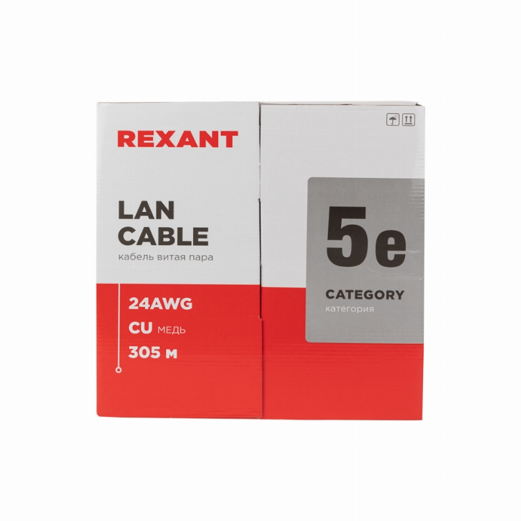 Кабель витая пара U/UTP, CAT 5e, ZH нг(А)-HF, 4PR, 24AWG, INDOOR, SOLID, серый, 305 м, REXANT