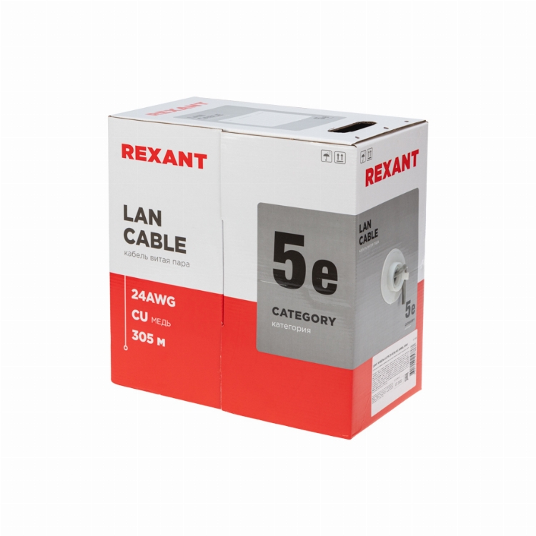 Кабель витая пара U/UTP, CAT 5e, ZH нг(А)-HF, 4PR, 24AWG, INDOOR, SOLID, серый, 305 м, REXANT LIGHT