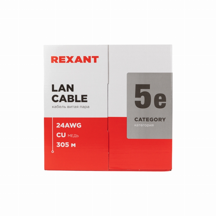 Кабель витая пара U/UTP, CAT 5e, ZH нг(А)-HF, 4PR, 24AWG, INDOOR, SOLID, серый, 305 м, REXANT LIGHT