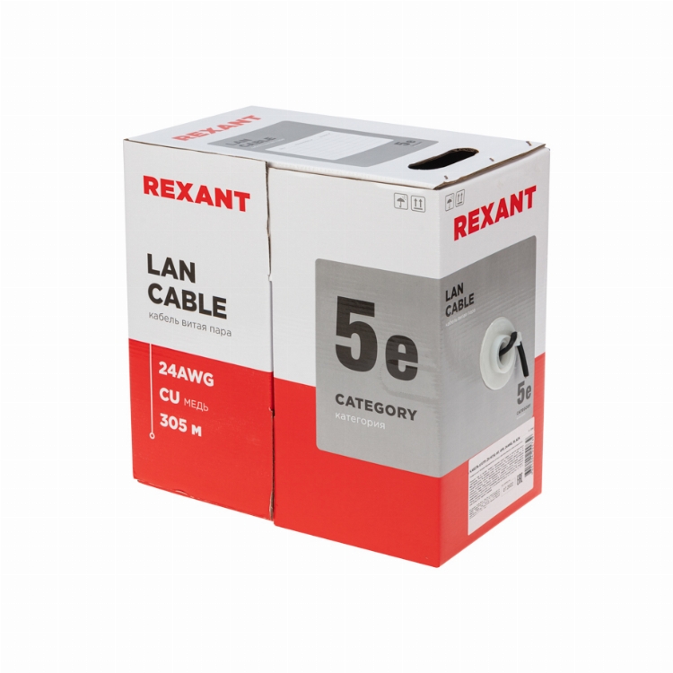 Кабель витая пара U/UTP, CAT 5e, ZH нг(А)-HF, 4PR, 24AWG, OUTDOOR, SOLID, черный, 305 м, REXANT