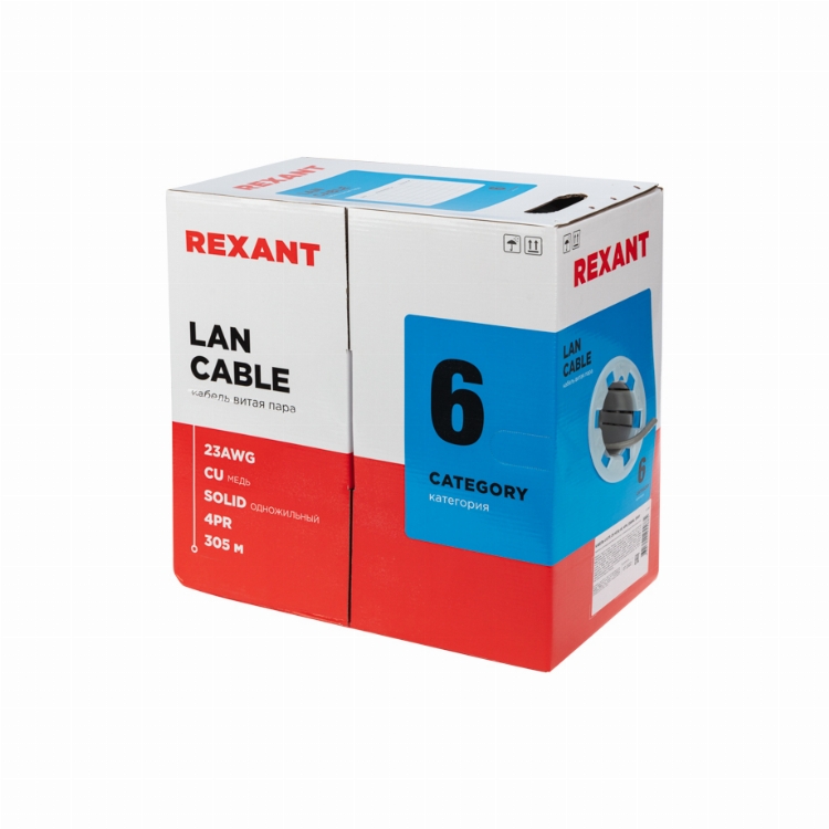 Кабель витая пара U/UTP, CAT 6, ZH нг(А)-HF, 4PR, 23AWG, INDOOR, SOLID, серый, 305 м, REXANT