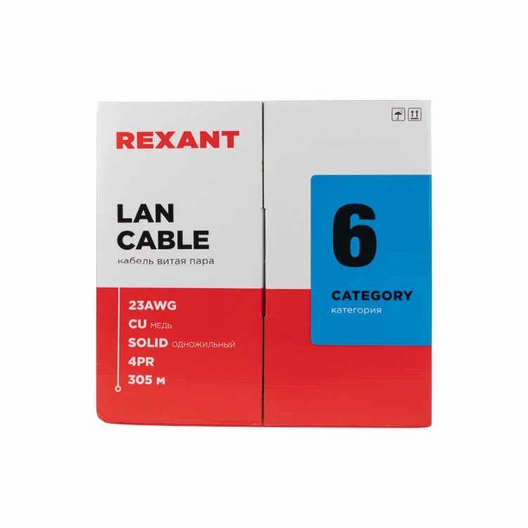 Кабель витая пара U/UTP, CAT 6, ZH нг(А)-HF, 4PR, 23AWG, INDOOR, SOLID, серый, 305 м, REXANT