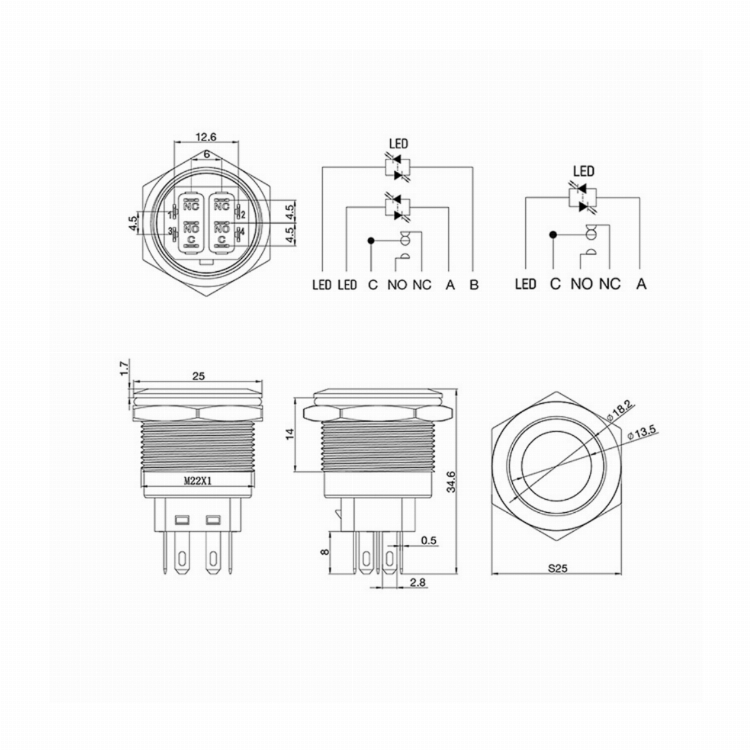 Кнопка антивандальная Ø 22 12В(LED) Б/Фикс (5с) OFF-(ON)/ON-(OFF) подсв./зеленая REXANT