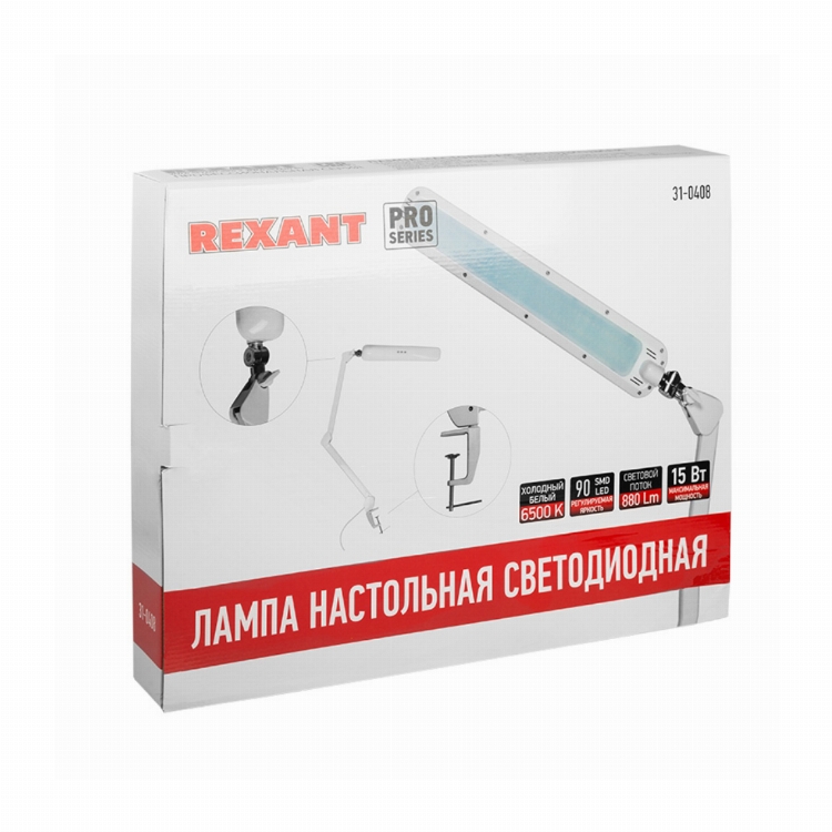 Лампа настольная бестеневая REXANT, струбцина, «ECO light», 90 SMD LED, сенсорный диммер, белая