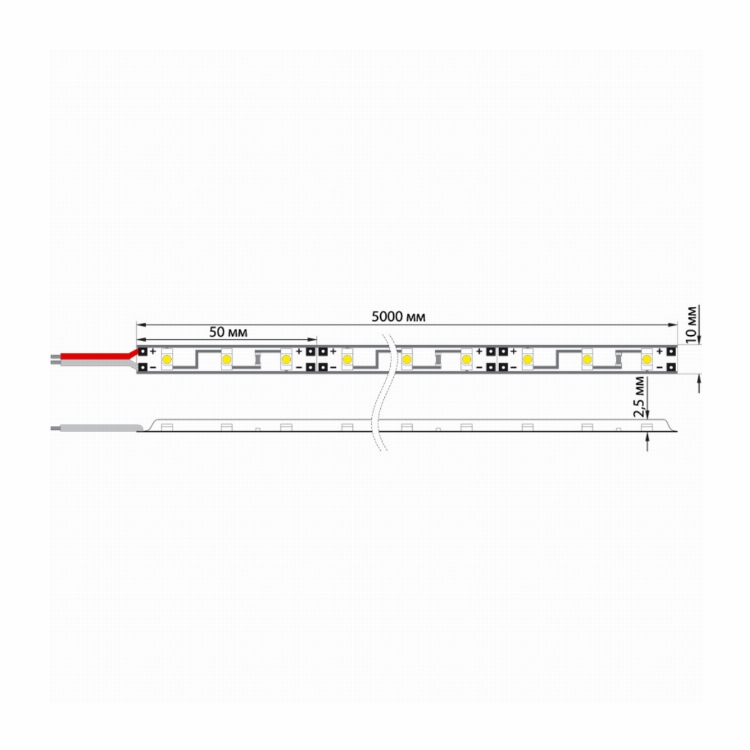 LED лента 5м открытая, 10 мм, IP23, SMD 5050, 60 LED/m, 12 V, цвет свечения теплый белый LAMPER