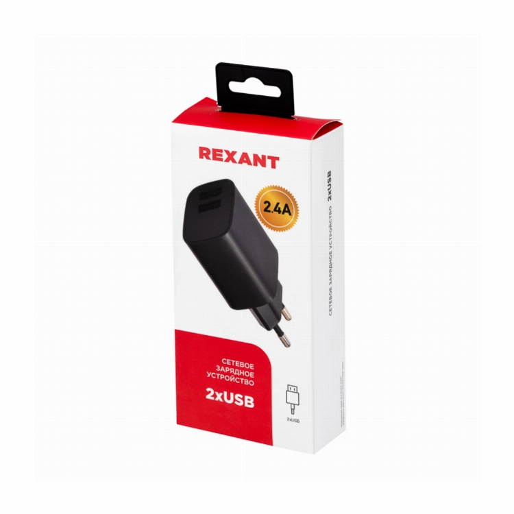 Сетевое зарядное устройство REXANT 2 x USB, 5V, 2.4 A, черное