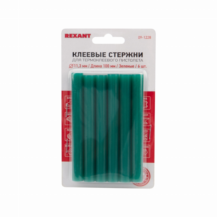 Стержни клеевые REXANT Ø 11 мм, 100 мм, зеленые (6 шт./уп.) (блистер)