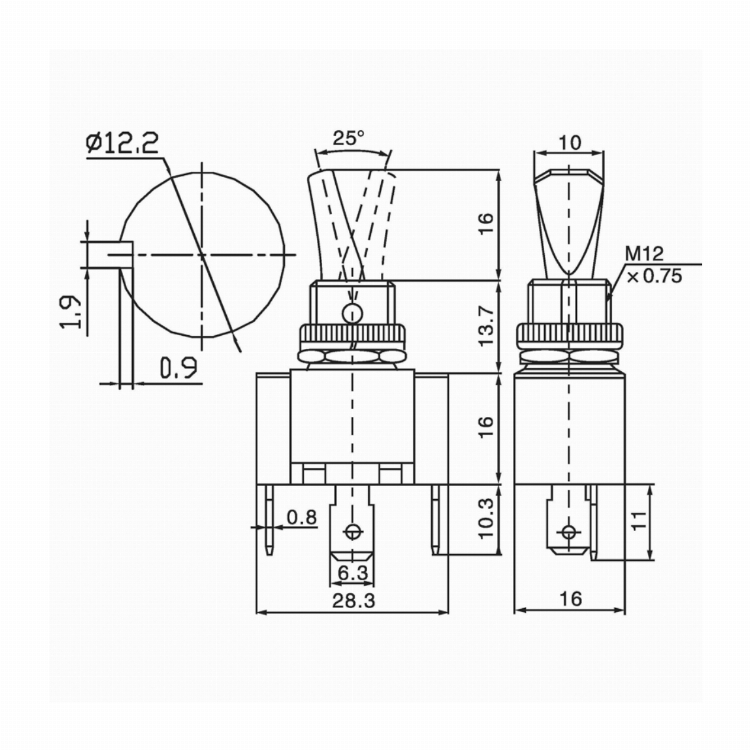 Тумблер 12V 30А (3c) ON-OFF однополюсный с красной LED подсветкой (ASW-07D-2) REXANT (в упак. 1шт.)