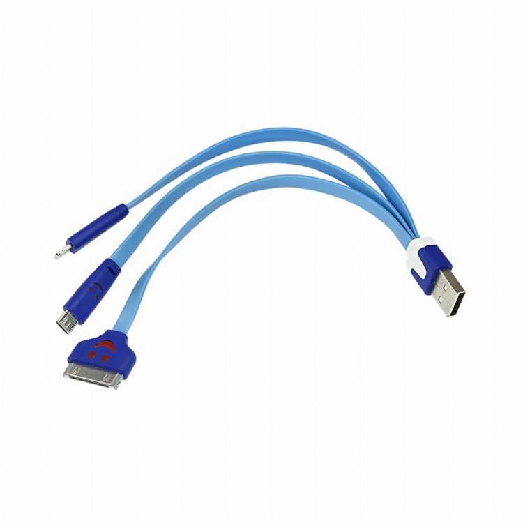 USB 3 в 1 кабель Lightning/30pin/micro USB/PVC/flat/blue/0,15m/REXANT