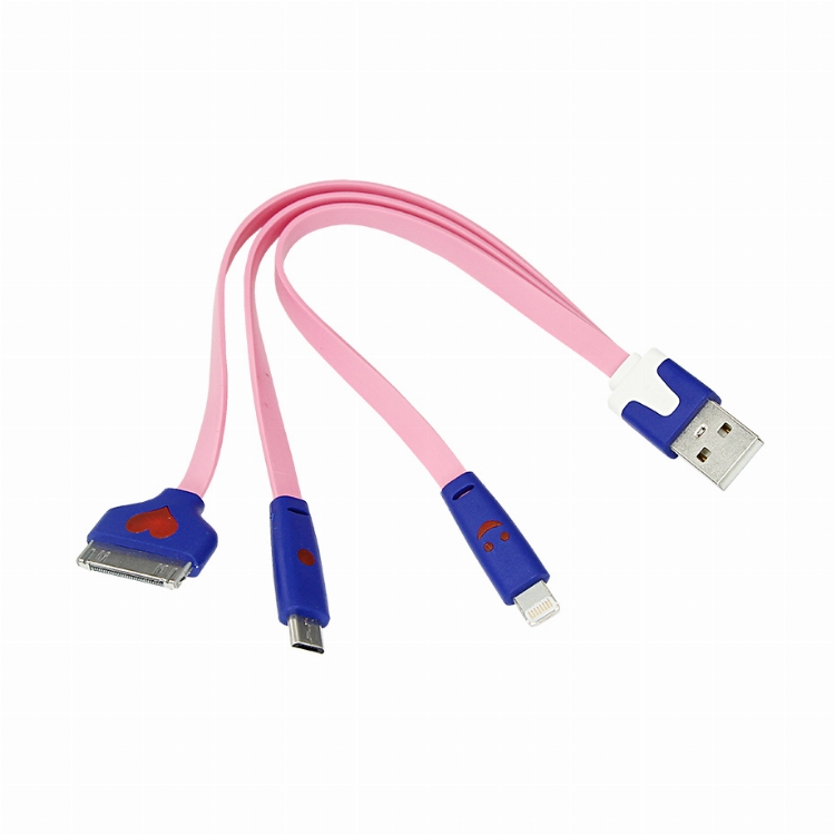 USB 3 в 1 кабель Lightning/30pin/micro USB/PVC/flat/pink/0,15m/REXANT